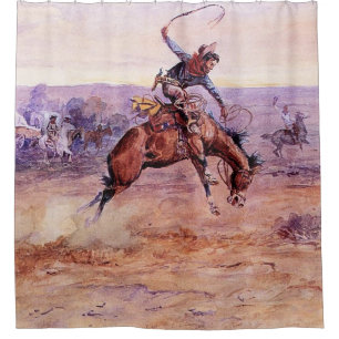 "Bucking Bronco" Cowboy Art von Charles Russell Duschvorhang