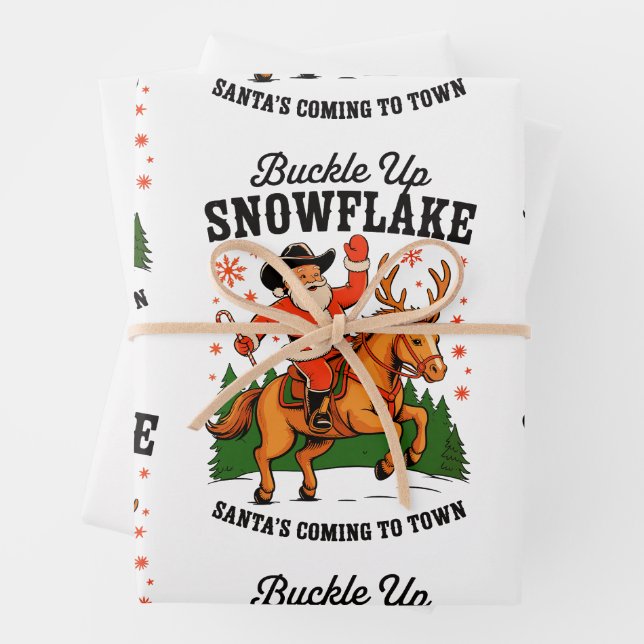 Buckle up Snowflake Rodeo Cowboy Weihnachten Geschenkpapier Set (Beispiel)