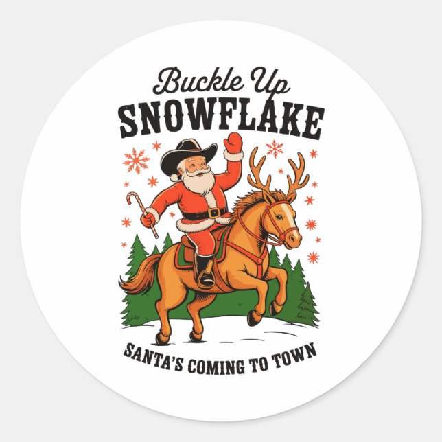 Buckle up Snowflake Rodeo Cowboy Weihnachten Runder Aufkleber (Vorderseite)