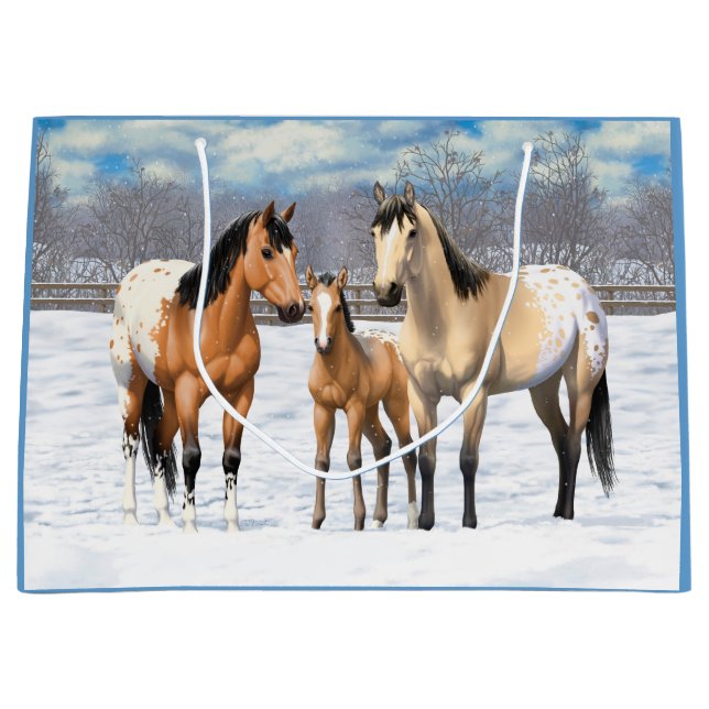 Buckskin Appaloosa Pferde im Schnee Große Geschenktüte (Vorderseite)