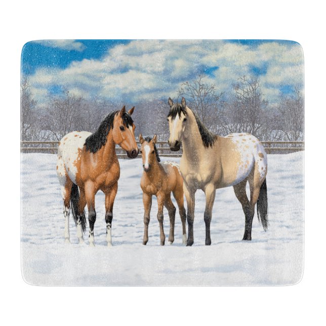 Buckskin Appaloosa Pferde im Schnee Schneidebrett (Vorderseite)