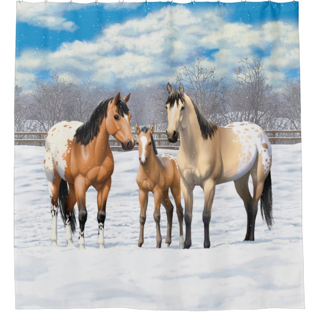 Buckskin Appaloosa Pferde im Winter Weide Duschvorhang (Vorderseite)