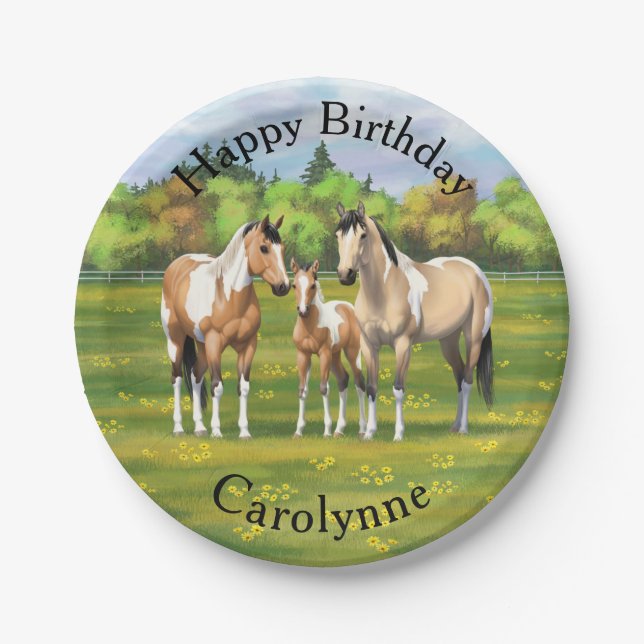 Buckskin Dun Pinto Paint Horses In Summer Pasta Pappteller (Vorderseite)