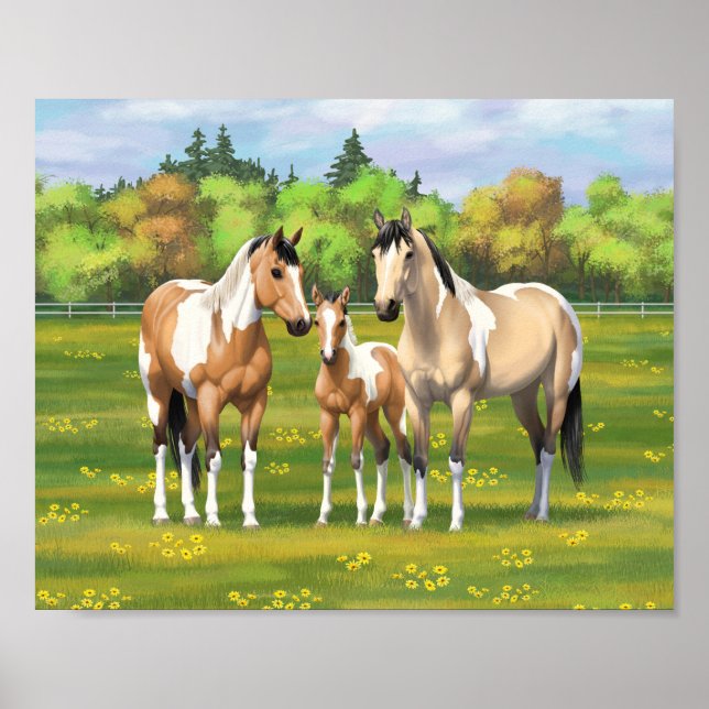 Buckskin Dun Pinto Paint Horses In Summer Pasta Poster (Vorne)