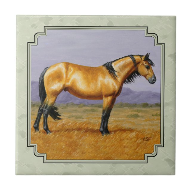 Buckskin Horse Mustang Stallion Sage Green Fliese (Vorderseite)