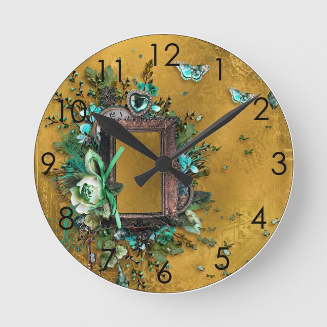 Buckskin Leder Viktorianisch Rahmen als Schmetterl Runde Wanduhr (Vorderseite)