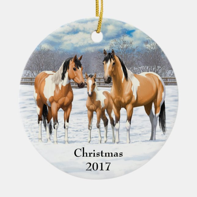 Buckskin Paint Horns in Snow Keramik Ornament (Vorne)