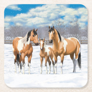 Buckskin Paint Horns in Snow Rechteckiger Pappuntersetzer
