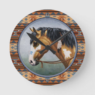 Buckskin Pinto Native American War Horse Runde Wanduhr