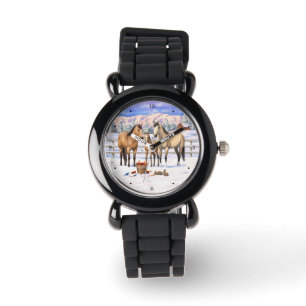 Buckskin Quarter Pferde im Schnee Armbanduhr