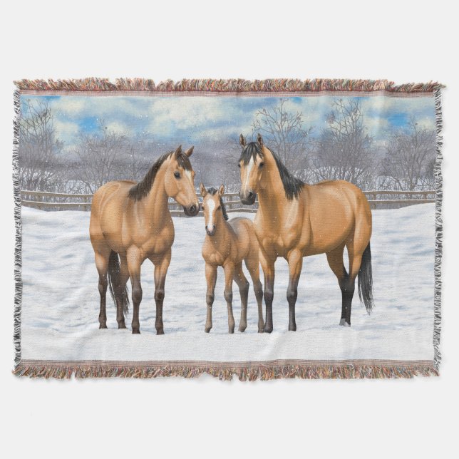 Buckskin Quarter Pferde im Schnee Decke (Vorderseite)