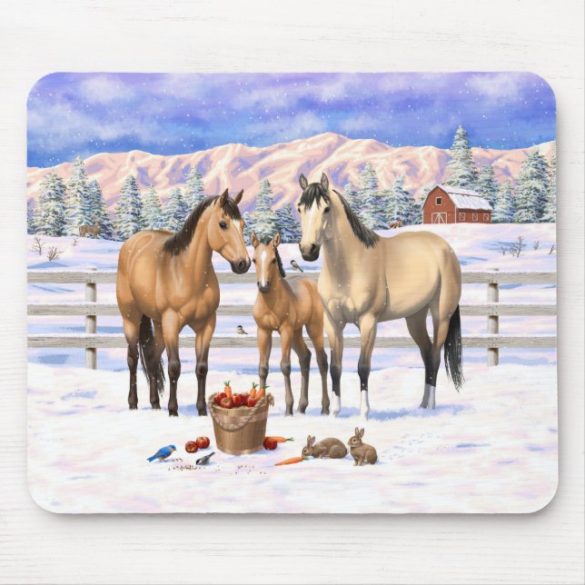 Buckskin Quarter Pferde im Schnee Mousepad (Vorne)