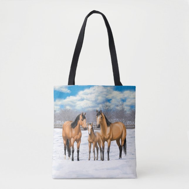 Buckskin Quarter Pferde im Schnee Tasche (Vorderseite)