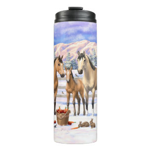 Buckskin Quarter Pferde im Schnee Thermosbecher