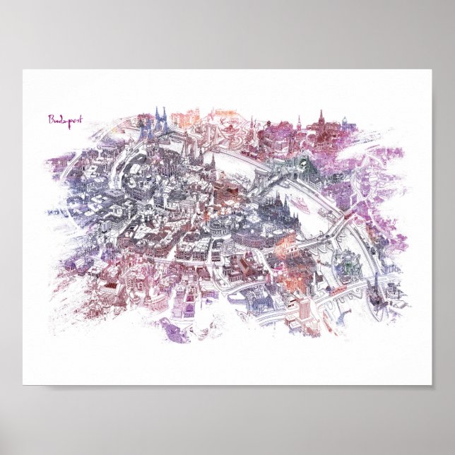 Budapest - Bird's Eye View Map (Lila) Poster (Vorne)