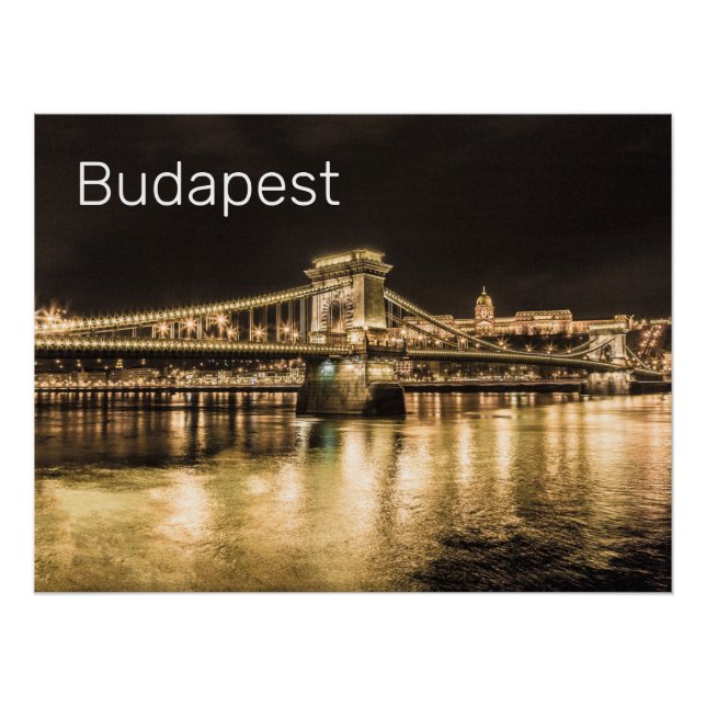 Budapest Kettenbrücke Ungarn Retro Night Vintag Poster (Vorderseite)