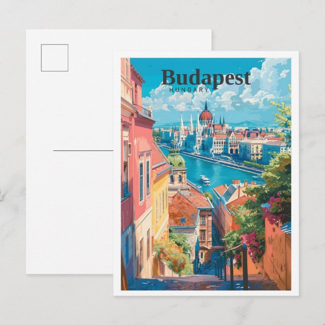 Budapest Ungarn Art Vintage Reise Postkarte (Vorne/Hinten)
