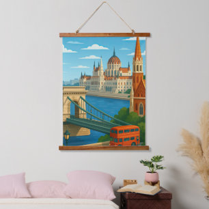 Budapest Ungarn Skyline Kunst – Farbige Stadtansic Wandteppich Mit Holzrahmen