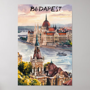 Budapest Ungarn  Vintage-Aquarellmalerei Poster