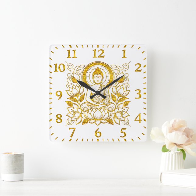 Buddha Amid Lotus Blume Quadratische Wanduhr (Zuhause)