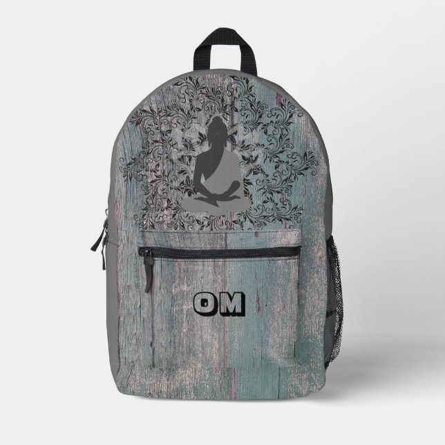 Buddha auf rustikalem Holz OM Druck Nähtasche Bedruckter Rucksack (Vorderseite)