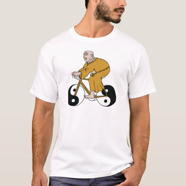 Buddha, der ein Fahrrad mit Yin Yang Rädern reitet T-Shirt (Vorderseite)
