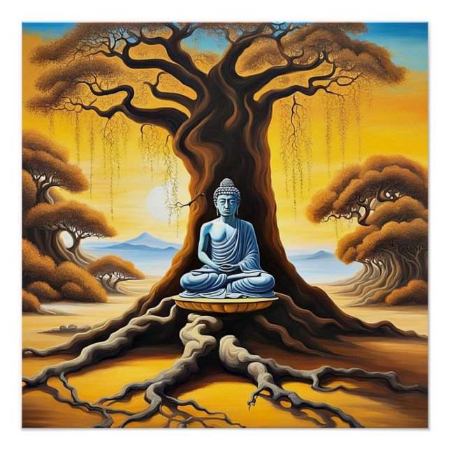 Buddha meditiert unter Baum Poster (Vorderseite)