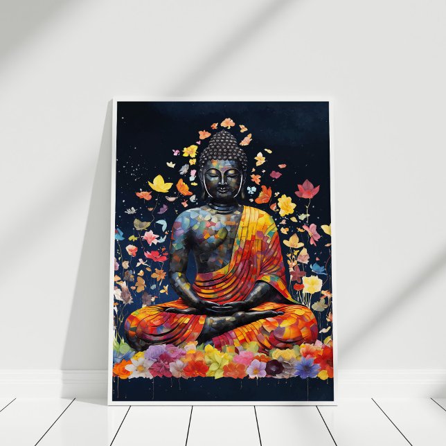 Buddha mit farbenfrohen Wildblumen vermitteln Poster (Meditating Buddha with Colorful Wildflowers Poster in white frame against white wall.)