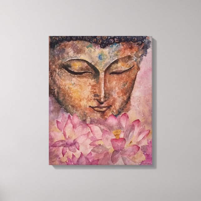 Buddha Pink Lotus Aquarell Print Wrapped Canvas Leinwanddruck (Vorderseite)