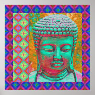 Buddha-Pop mit Patchwork-Borders in Blau und Rosa Poster