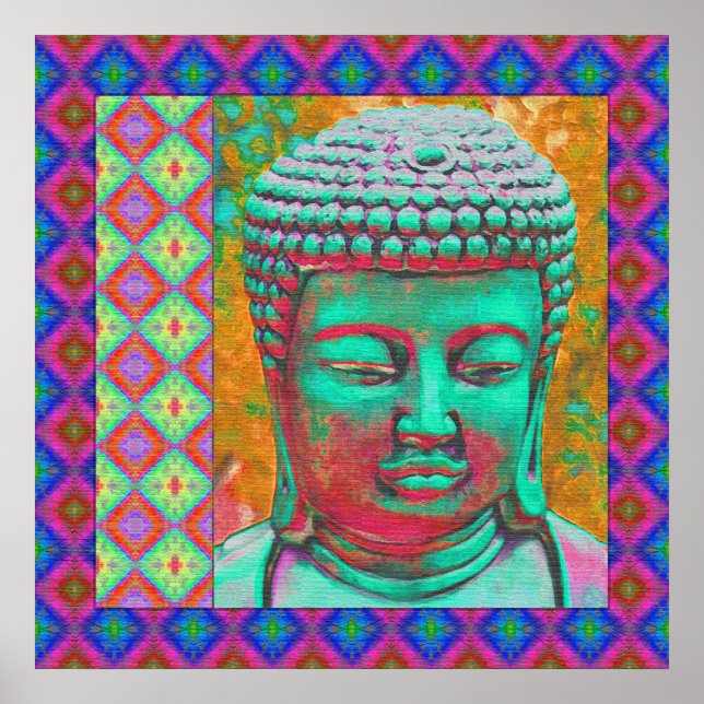 Buddha-Pop mit Patchwork-Borders in Blau und Rosa Poster (Vorne)