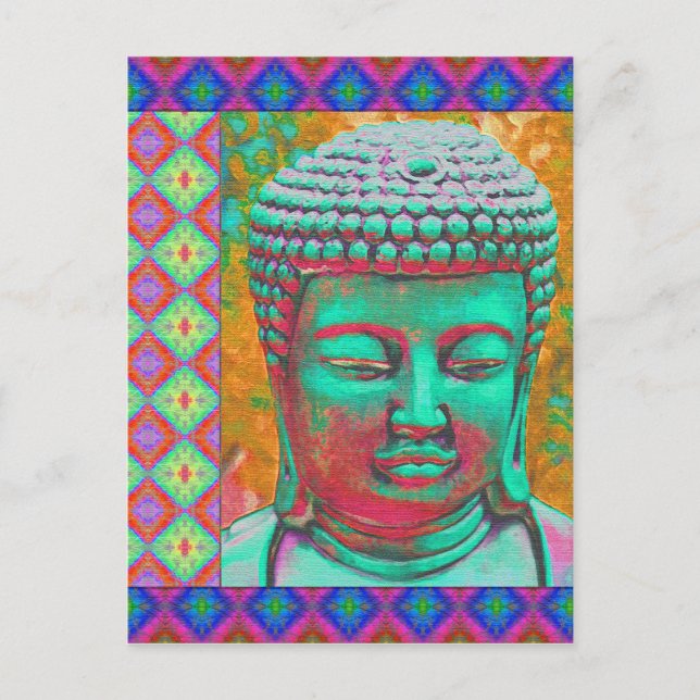 Buddha-Pop mit Patchwork-Borders in Blau und Rosa Postkarte (Vorderseite)