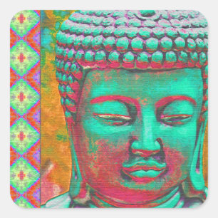 Buddha-Pop mit Patchwork-Borders in Blau und Rosa Quadratischer Aufkleber