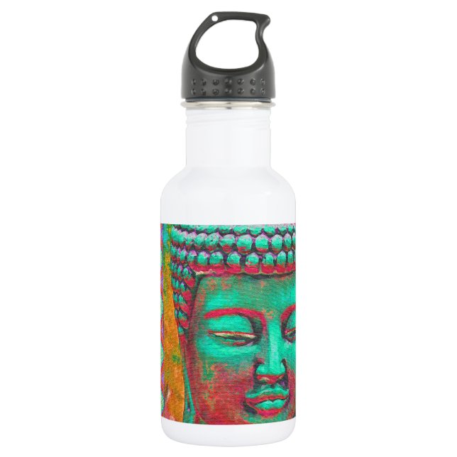 Buddha-Pop mit Patchwork-Borders in Blau und Rosa Trinkflasche (Vorderseite)