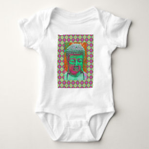 Buddha-Pop mit Patchwork-Grenzen in grün und rot Baby Strampler