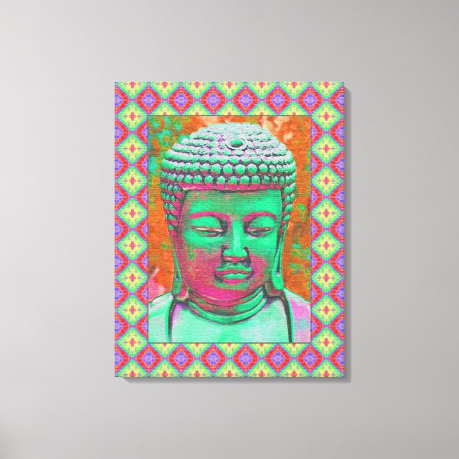 Buddha-Pop mit Patchwork-Grenzen in grün und rot Leinwanddruck (Vorderseite)