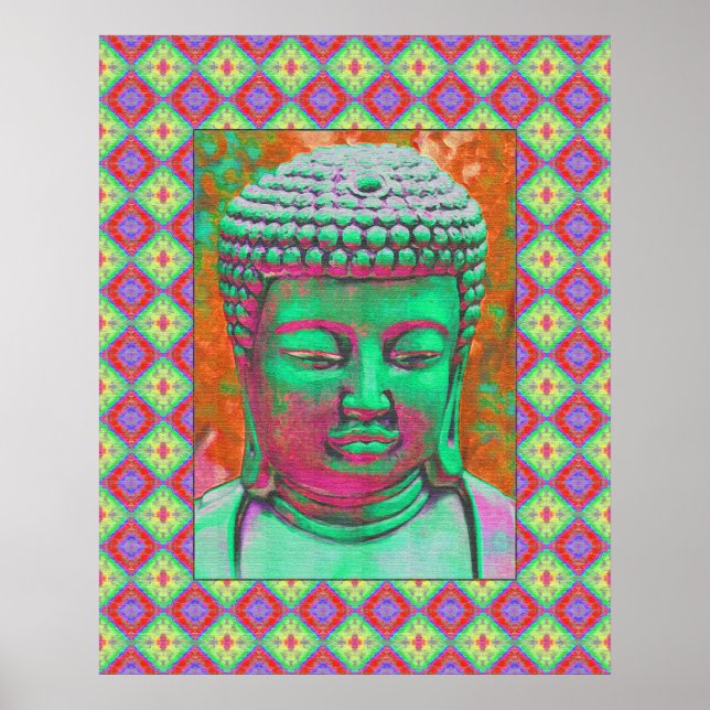 Buddha-Pop mit Patchwork-Grenzen in grün und rot Poster (Vorne)