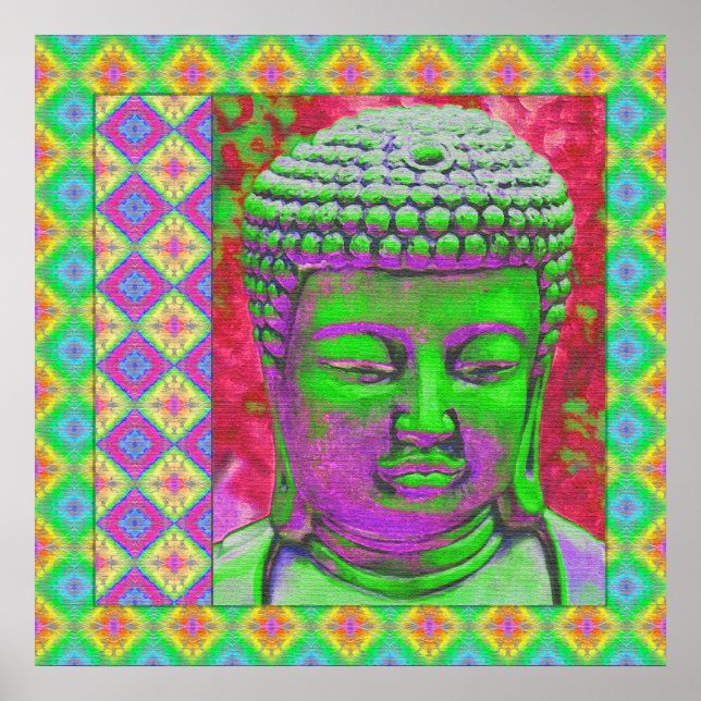 Buddha-Pop mit Patchwork-Grenzen in grün und rot Poster (Vorne)