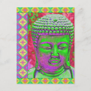 Buddha-Pop mit Patchwork-Grenzen in grün und rot Postkarte