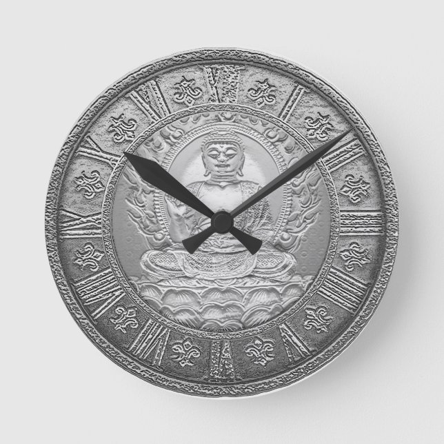 Buddha-Silber-Blick Runde Wanduhr (Vorderseite)