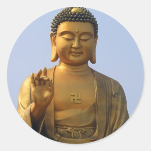 Buddha Statue in Blue Sky, Hand erhöht Runder Aufkleber