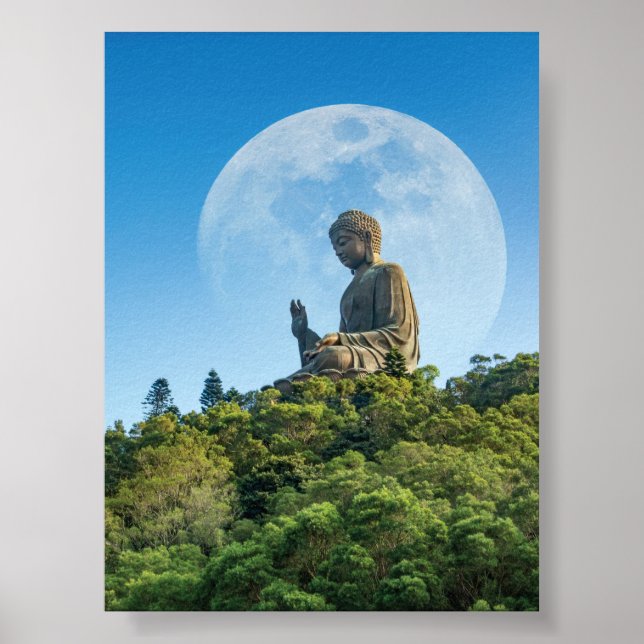 Buddha-Statue mit Vollmond Poster (Vorne)