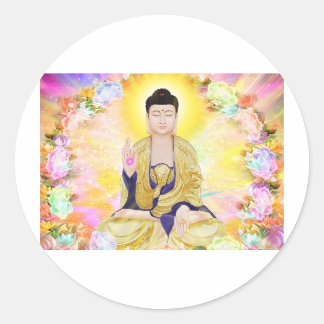 Buddha Umgeben von Blume Runder Aufkleber (Vorderseite)