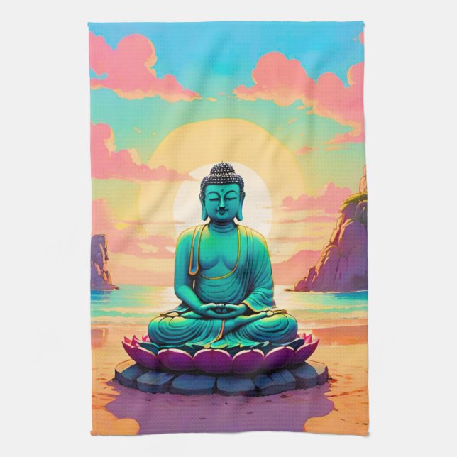 Buddhas Sonnenuntergangsreflexion Geschirrtuch (Vertikal)