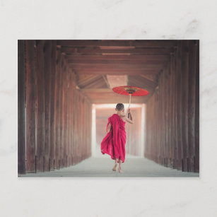 Buddhist Monk with Red Umbrella Postkarte