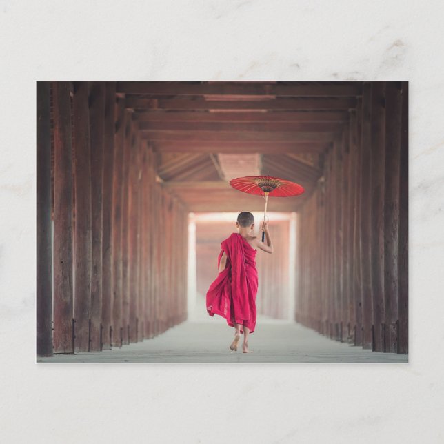 Buddhist Monk with Red Umbrella Postkarte (Vorderseite)