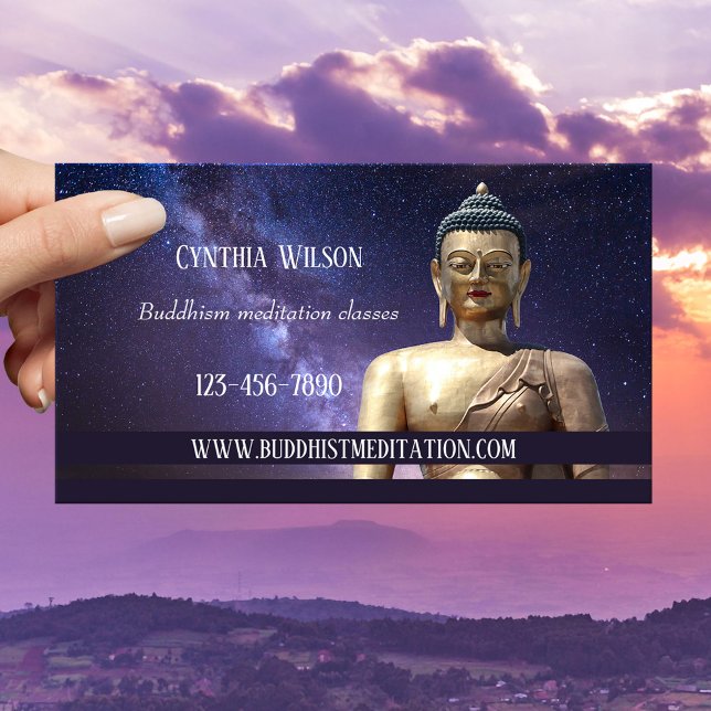 Buddhistische Mediationslehrer-Visitenkarte Visitenkarte (Spiritual meditation business card featuring an image of the Buddha on a galaxy Milky Way background)