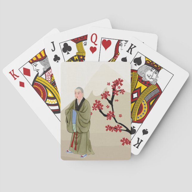 Buddhistischer Mönch, der Karten spielt Spielkarten (Rückseite)