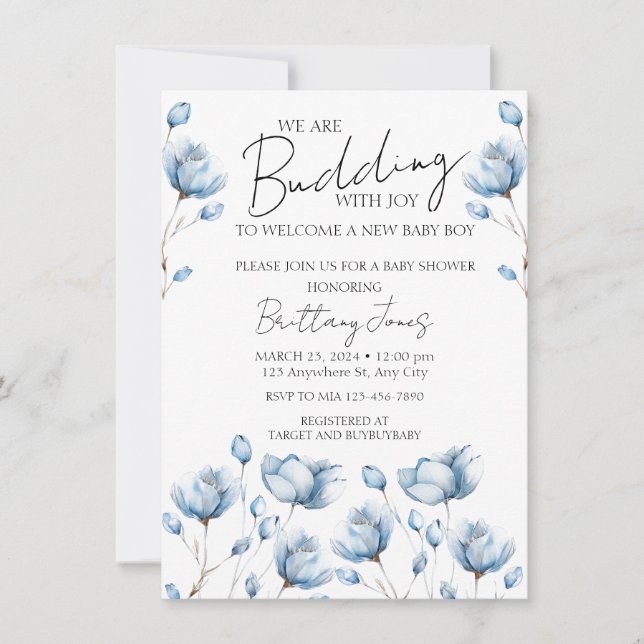 Budding With Joy Blue Baby shower Invitation (Devant)