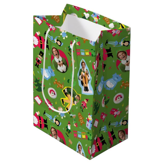 Buddy the Elf and Christmas Icons Pattern Mittlere Geschenktüte (Vorderseite Schrägansicht)